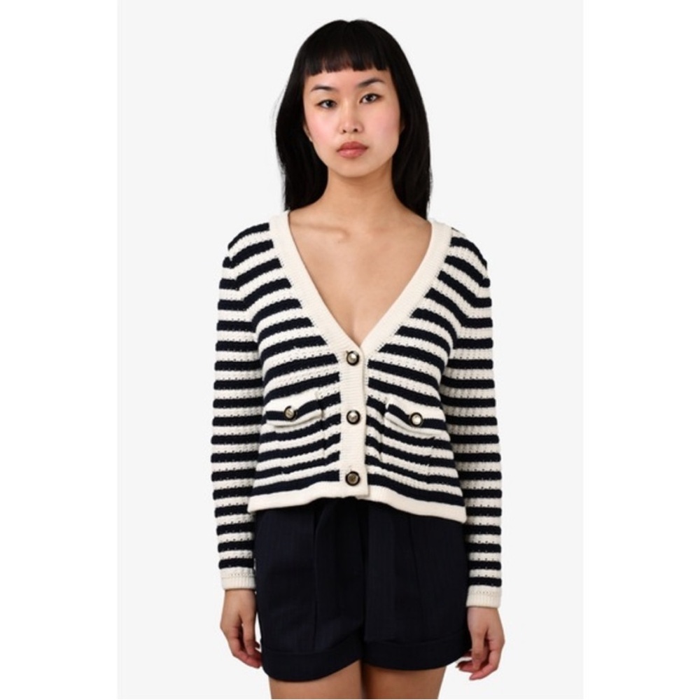 BA&SH Gamden Striped knit Cardigan Navy and Cream Size M NWOT